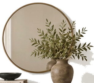 Round brass mirror with olive branches