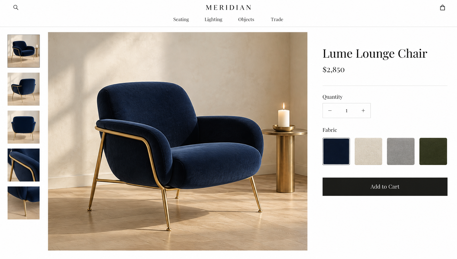Product page for a navy velvet lounge chair with a brass frame