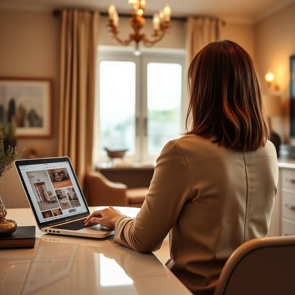 Interior designer at her laptop browsing the collective catalog